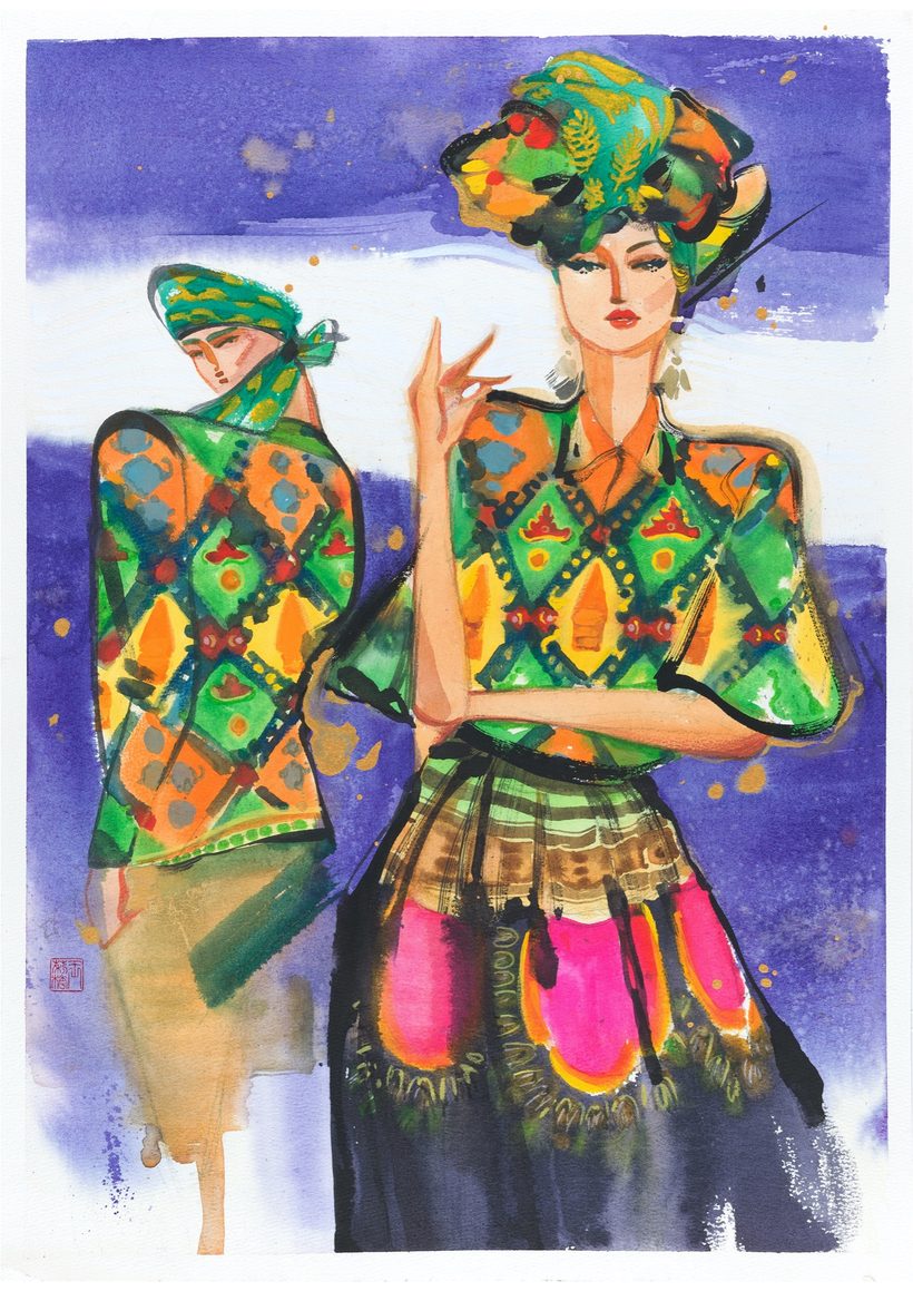 Brickfields, a watercolour fashion illustration from Lihuà's Busana Malaysia series.