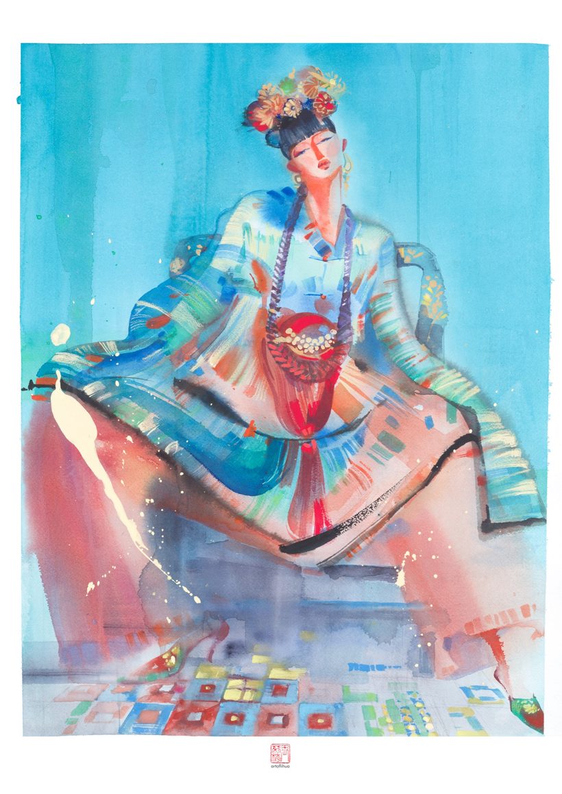 Edgy Nyonya — Blue, a watercolour fashion illustration from Lihuà's Busana Malaysia series.
