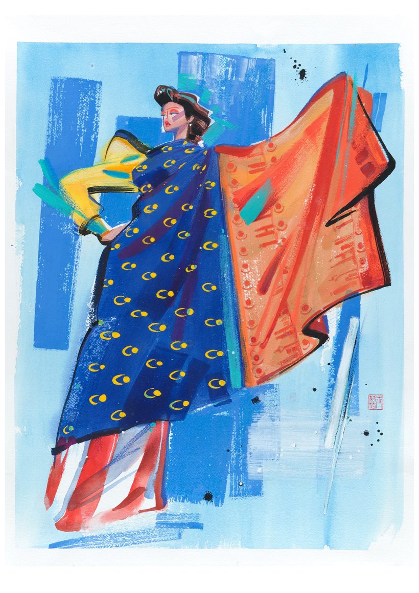 Independence Square, a watercolour fashion illustration by Lihuà from the Busana Malaysia series.