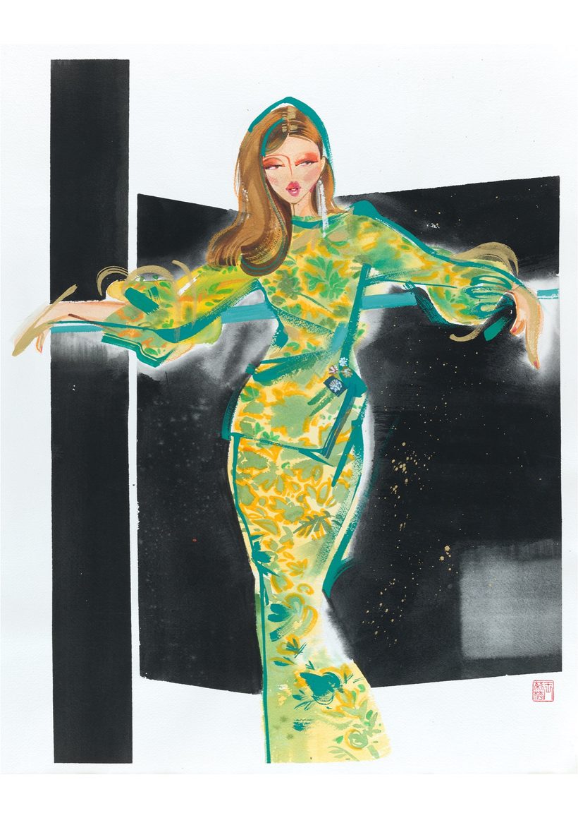 Kebaya Emotion, a watercolour fashion illustration from Lihuà's Busana Malaysia series.