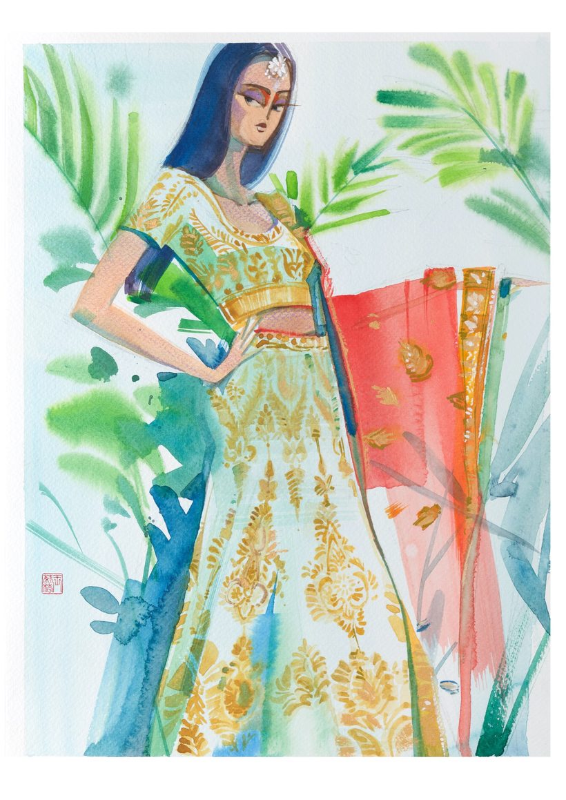 Lenggang Kangkung, a watercolour fashion illustration from Lihuà's Busana Malaysia series.