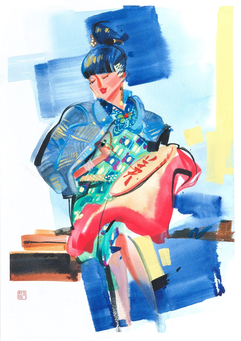 Opera Nyonya — Sewing, a watercolour fashion illustration from Lihuà's Busana Malaysia series.