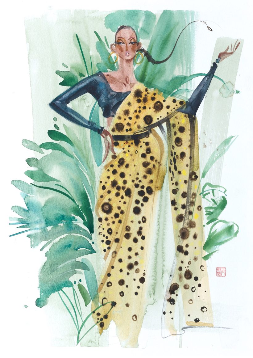 Saree Safaree, a watercolour fashion illustration from Lihuà's Busana Malaysia series.