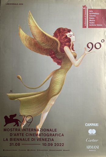 Lorenzo Mattotti poster illustration for La Biennale di Venezia, 2022, a golden winged figure.