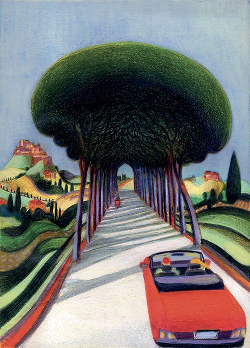 Lorenzo Mattotti illustration for The New Yorker, Toscana — a red convertible on a tree-lined Tuscan road.