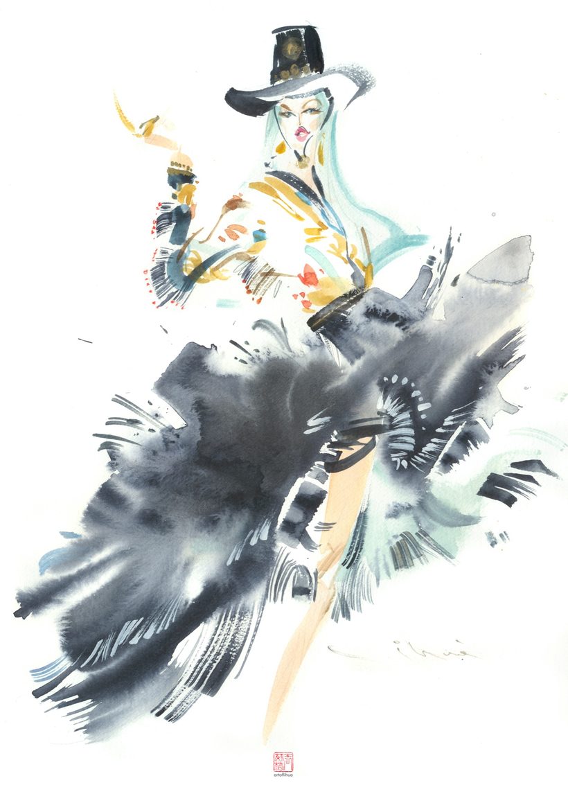 BRUSHWORKS 1, a watercolour fashion illustration from Lihuà's Strokes of Fashion series.