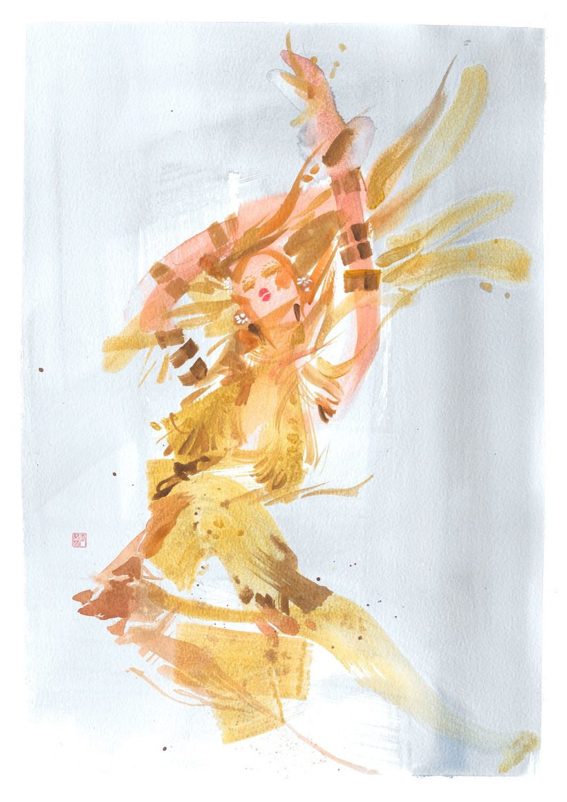 Golden, a watercolour fashion illustration from Lihuà's Strokes of Fashion series.
